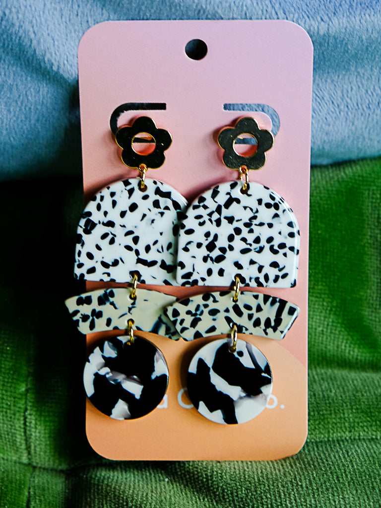 Dalmatian Acetate Statement Earrings with Flower Studs