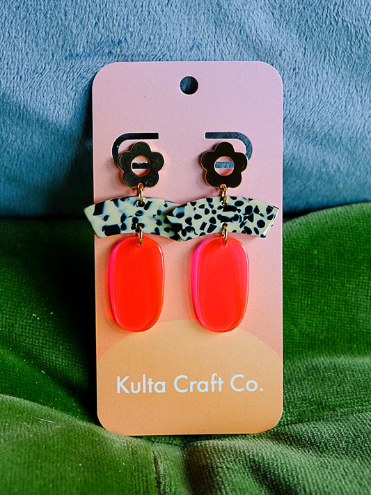 Neon Pink and Dalmatian Acetate Drop Earrings