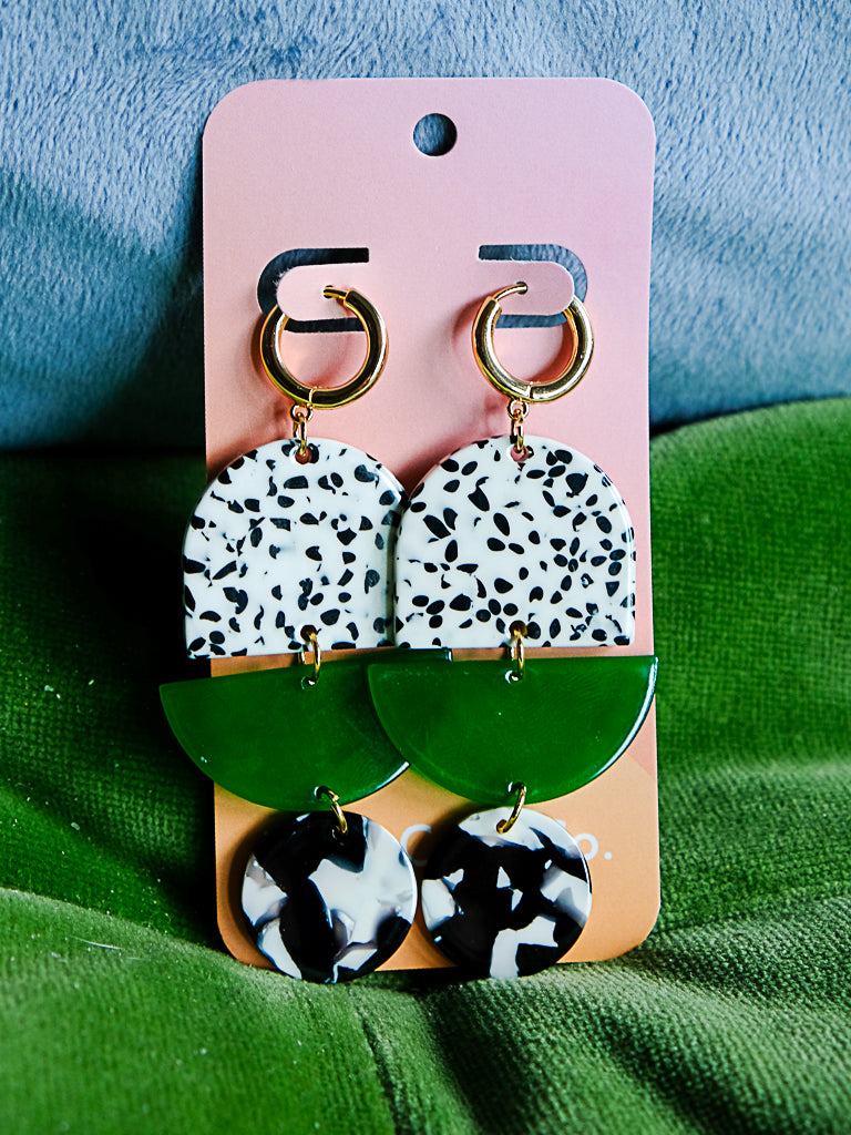 Emerald & Dalmatian Huggie Statement Earrings