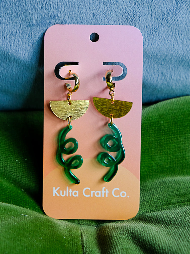 Green Whimsical Huggie Hoop Drop Earrings