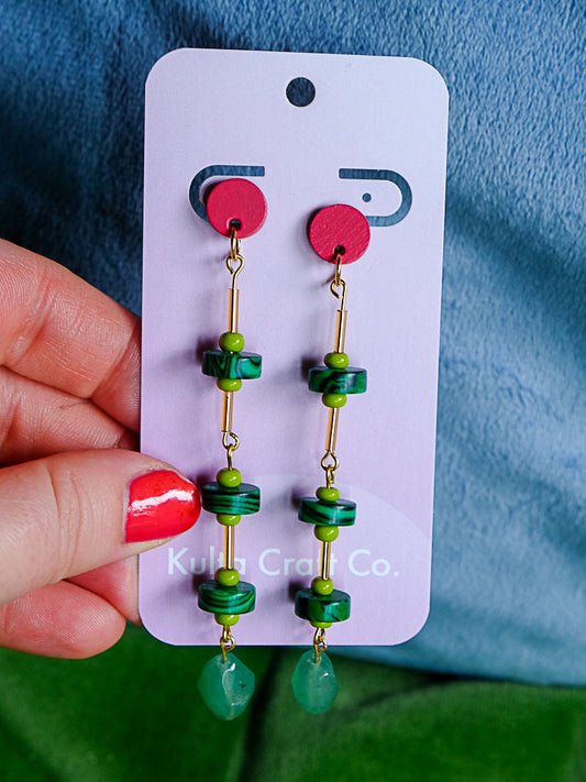 Malachite and Jade Statement Linear Drop Earrings