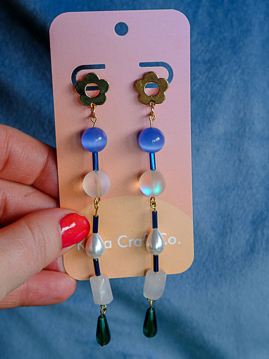 Cornflower Blue Agate, Rose Quartz Linear Drop Earrings