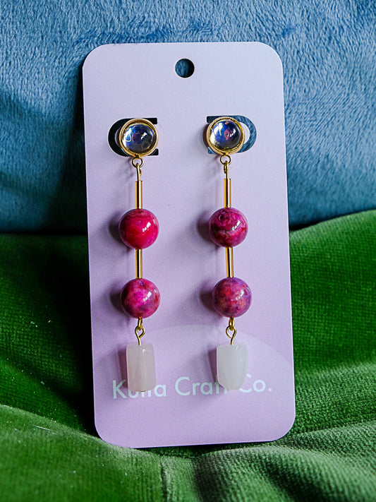 Fuchsia Agate and Rose Quartz Drop Earrings